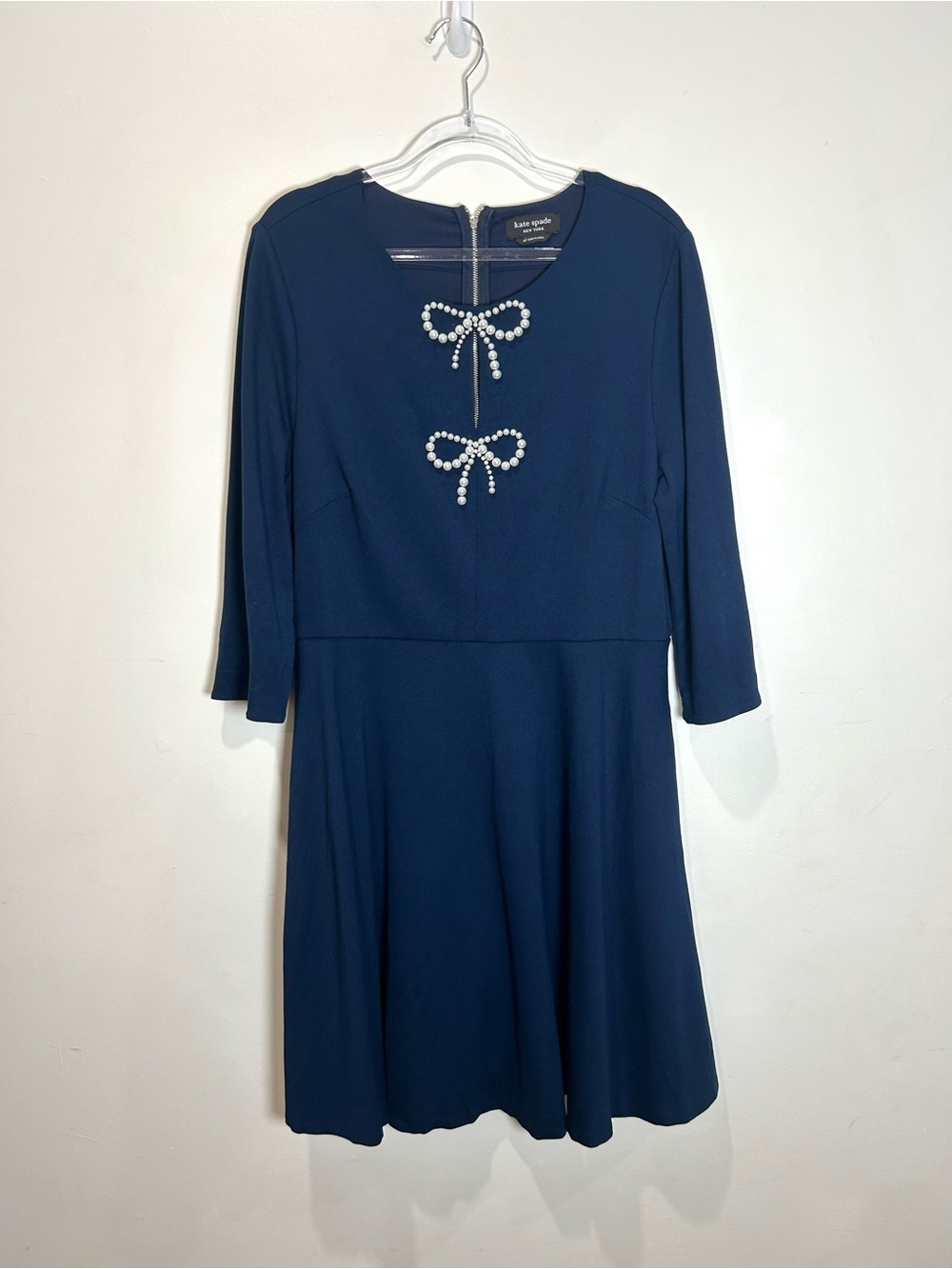 Kate Spade A-line Dress Pearl Bows Women’s XL Navy Blue Stretch Pockets Dressy - Picture 3 of 15